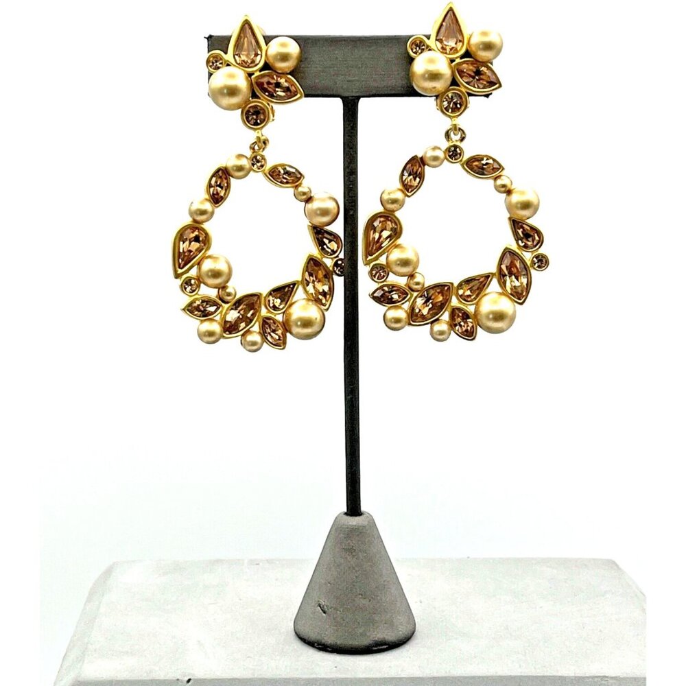 Vintage Givenchy Golden Faux Pearl and Topaz Rhinestone Dangle Clip Earrings 3"